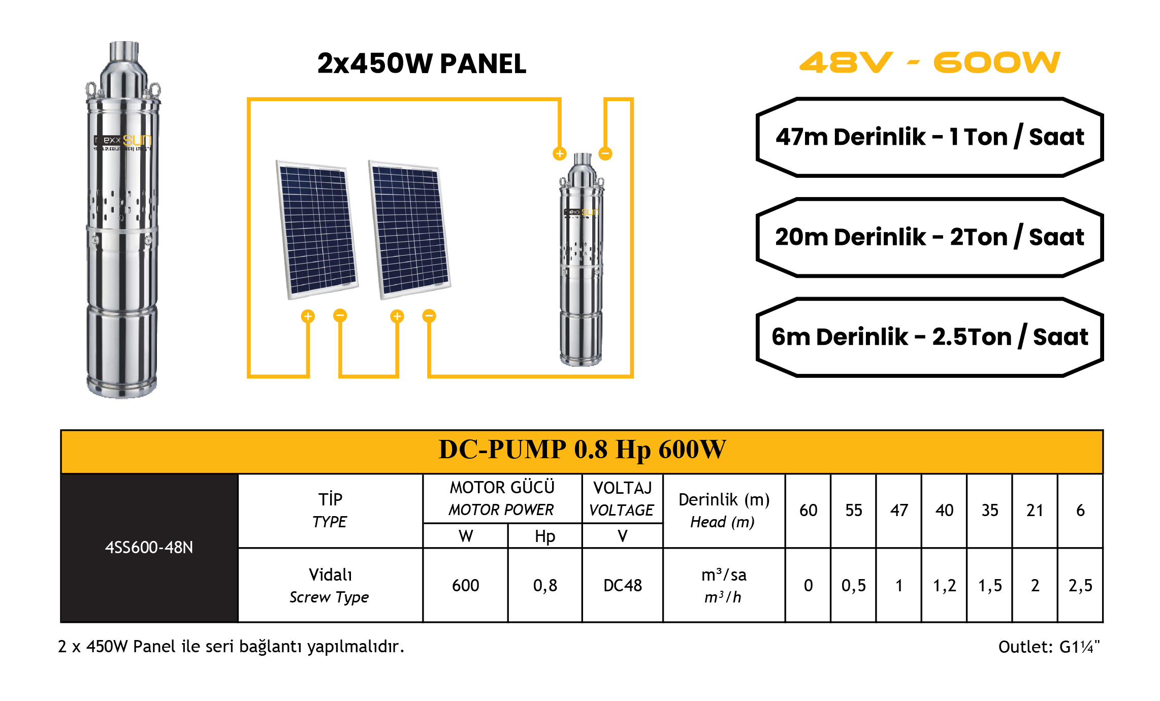 DC pompa 0,8Hp 600W (Screw Type) (4SS600-48N) teknik özellik tablosu 1
