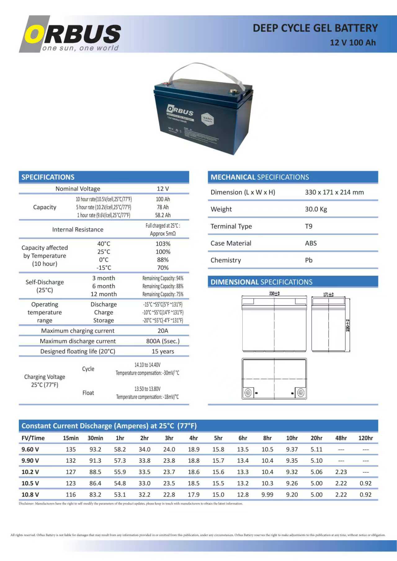 Jel akü 12V 100Ah Orbus teknik özellik tablosu 1
