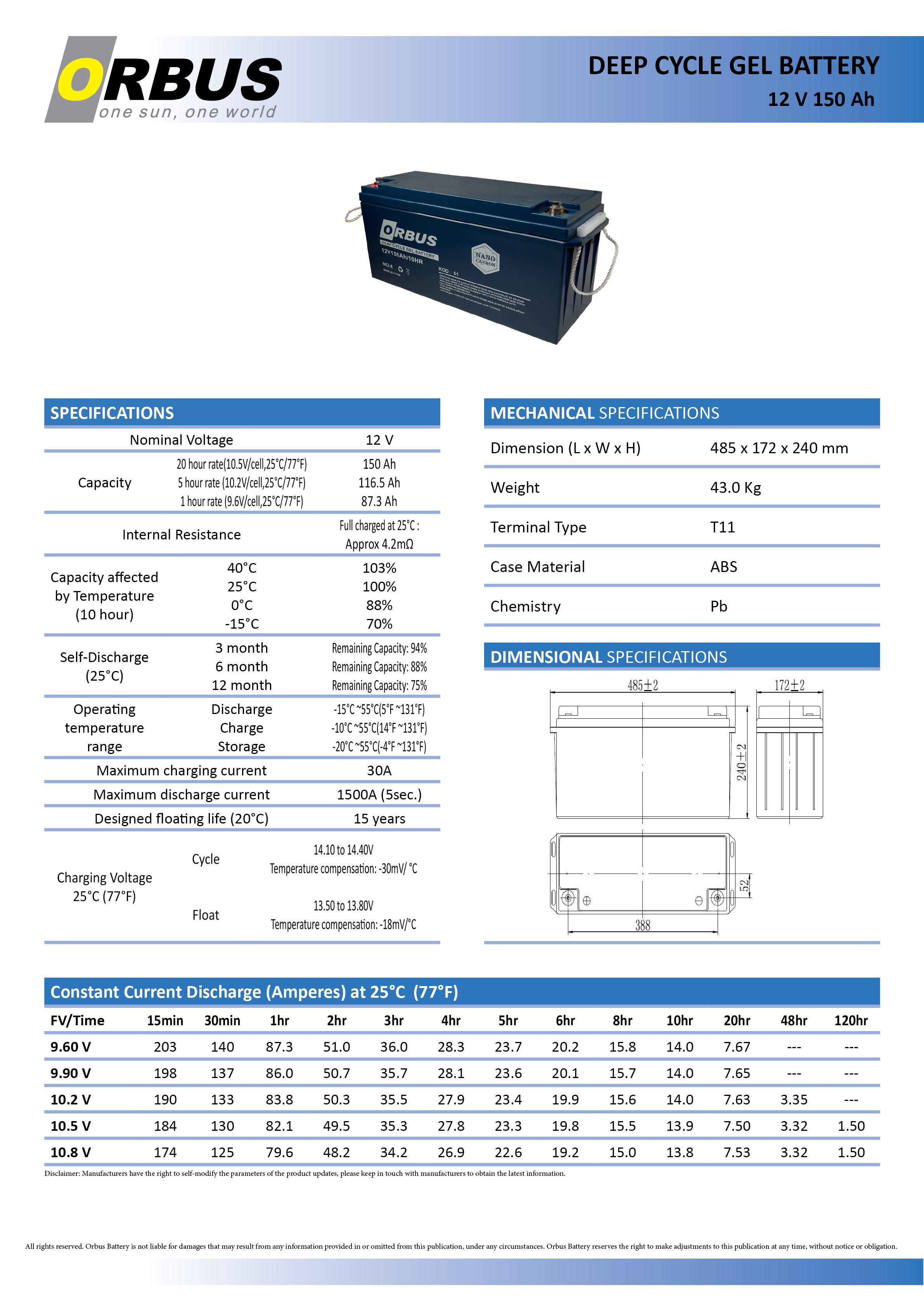 Jel akü 12V 150Ah Orbus teknik özellik tablosu 1