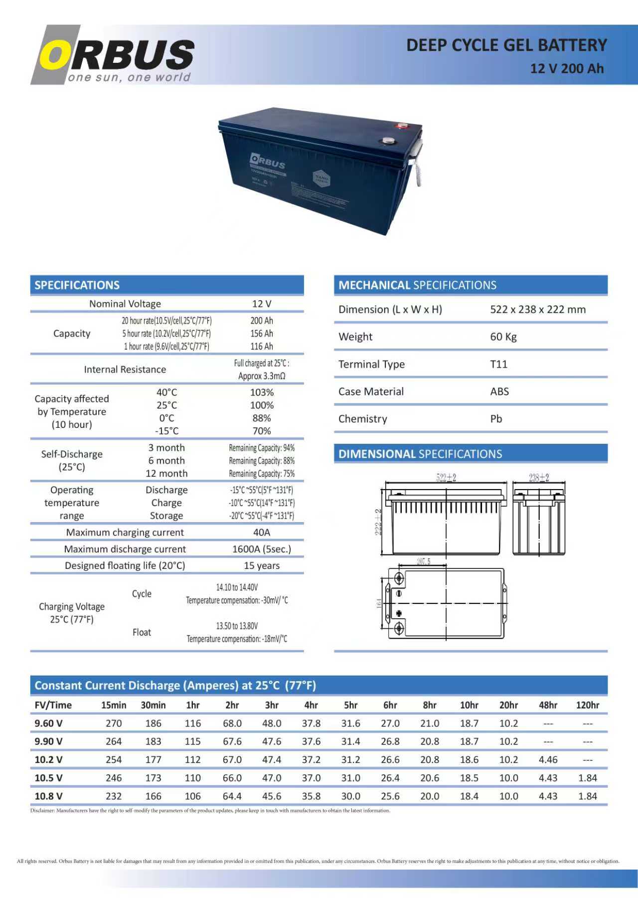 Jel akü 12V 200Ah Orbus teknik özellik tablosu 1